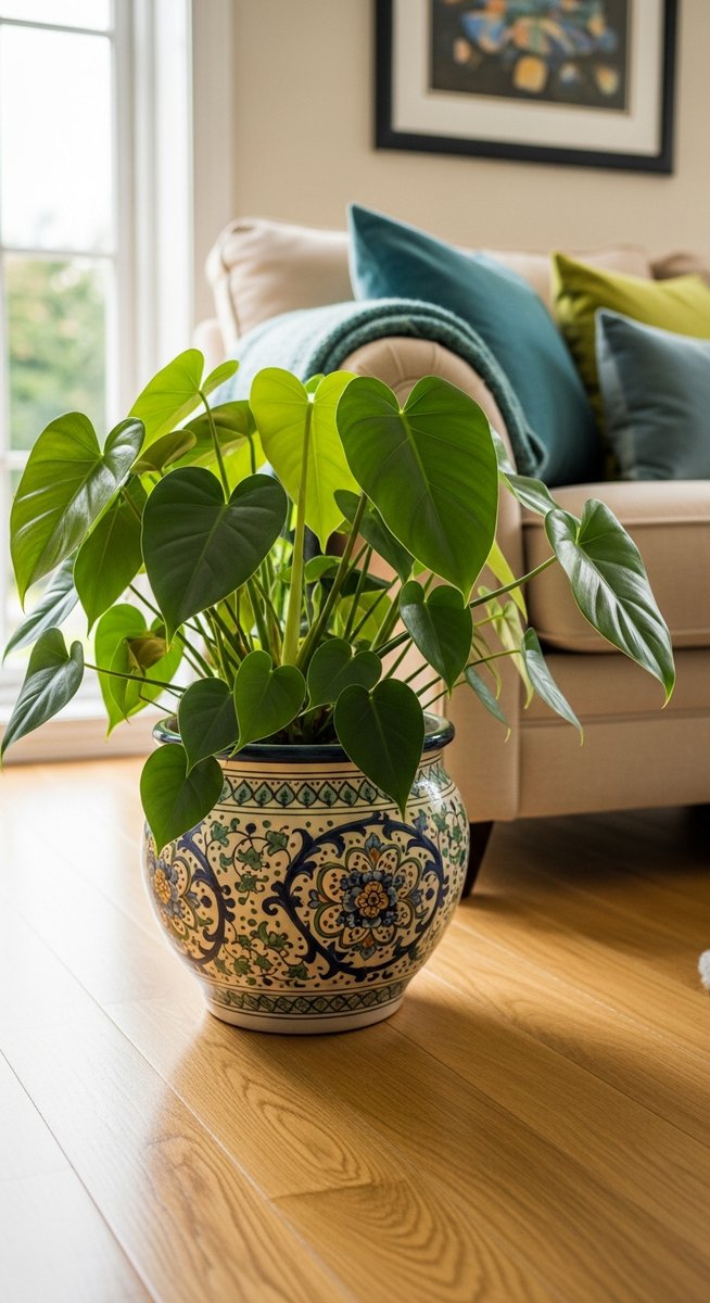 a philodendron plant in a decorative pot on a wooden floor