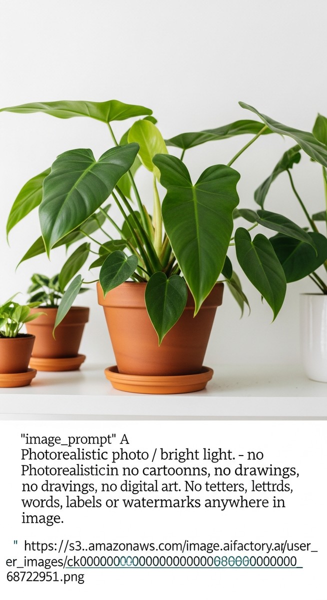 a lush philodendron plant in a terracotta pot on a white shelf