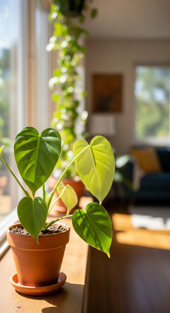 a philodendron plant in a pot near a bright window