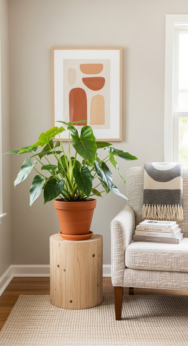 a large thriving philodendron plant as a living room focal point, for philodendron white knight