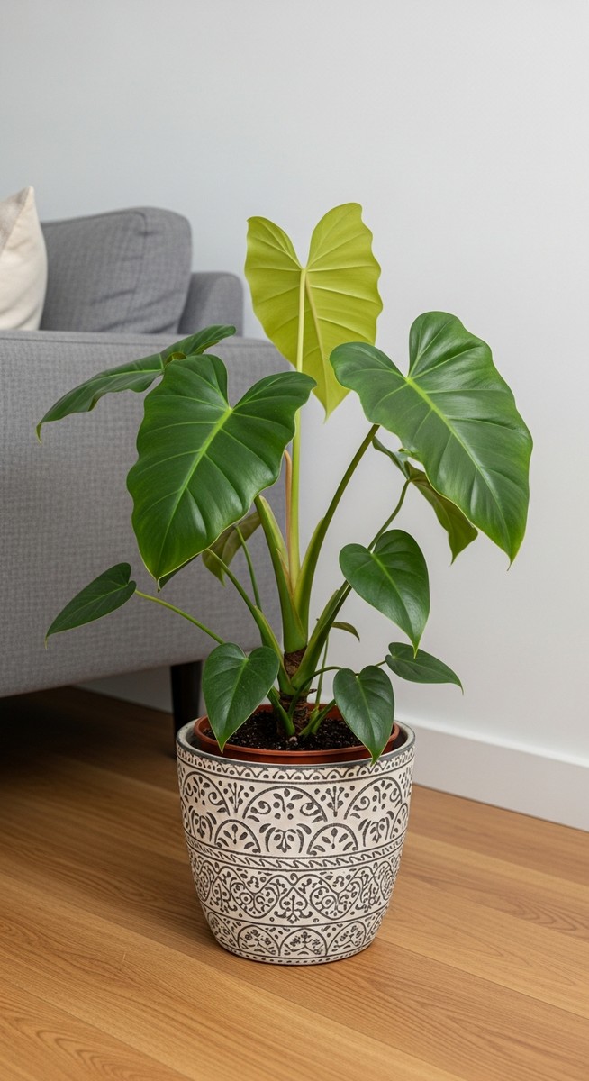 a philodendron plant in a decorative pot on a wooden floor