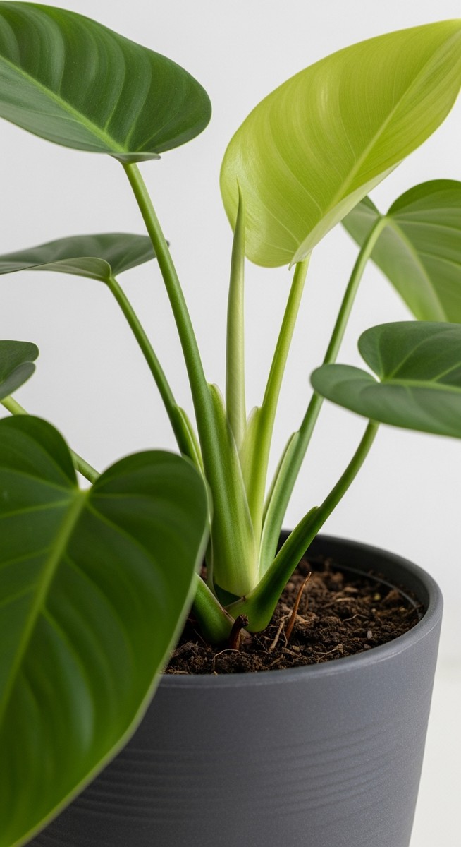 close-up of the base and lower leaves of a philodendron plant, for philodendron white knight
