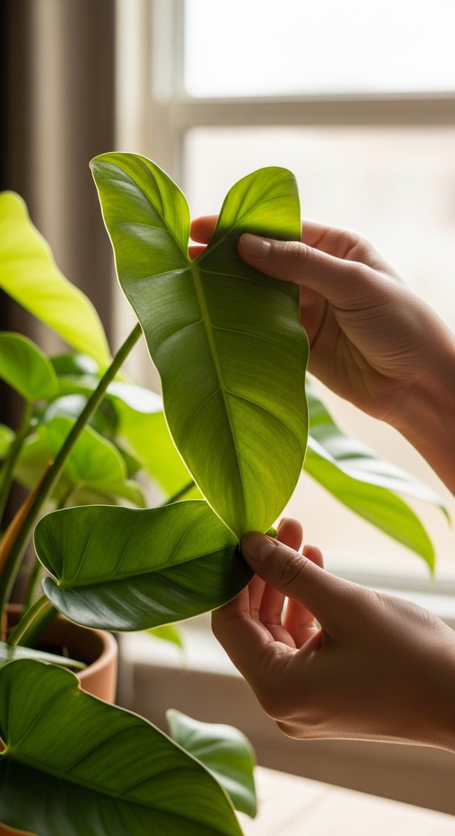 hands touching the leaves of a healthy philodendron plant