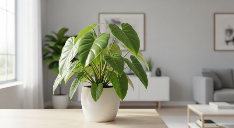 a healthy philodendron plant displayed in a bright modern living room, for philodendron white knight