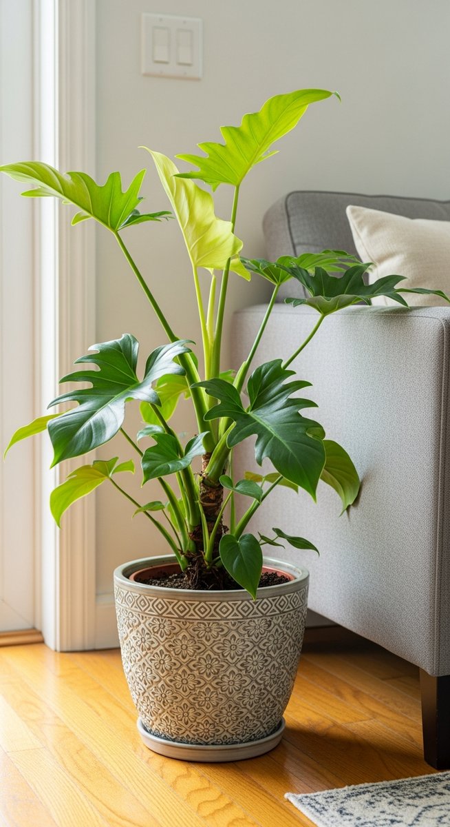 a philodendron plant in a decorative pot on a wooden floor