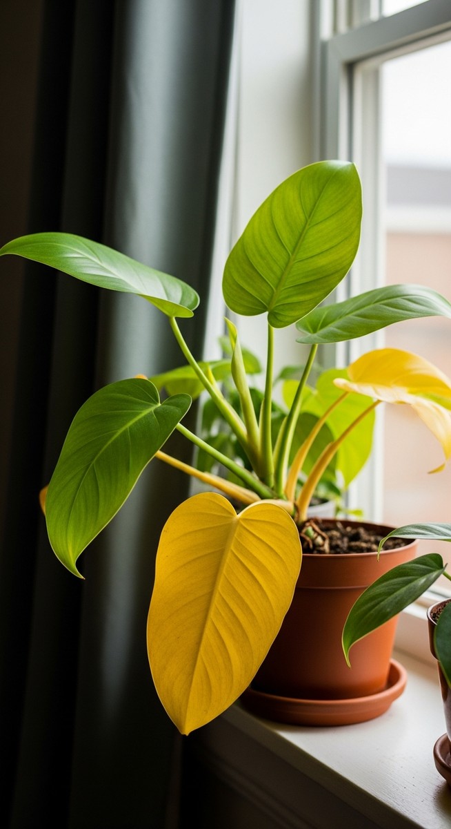 a philodendron plant with yellow lower leaves on a windowsill, for philodendron yellow leaves