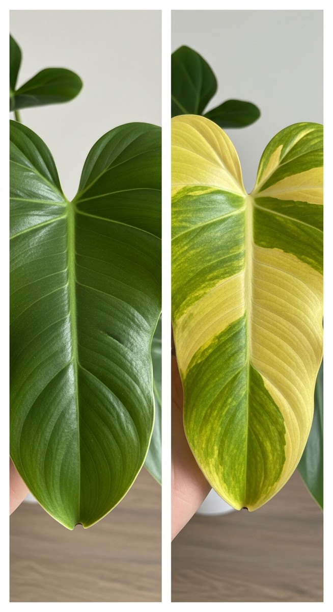 a healthy green philodendron leaf next to a yellowing one for comparison