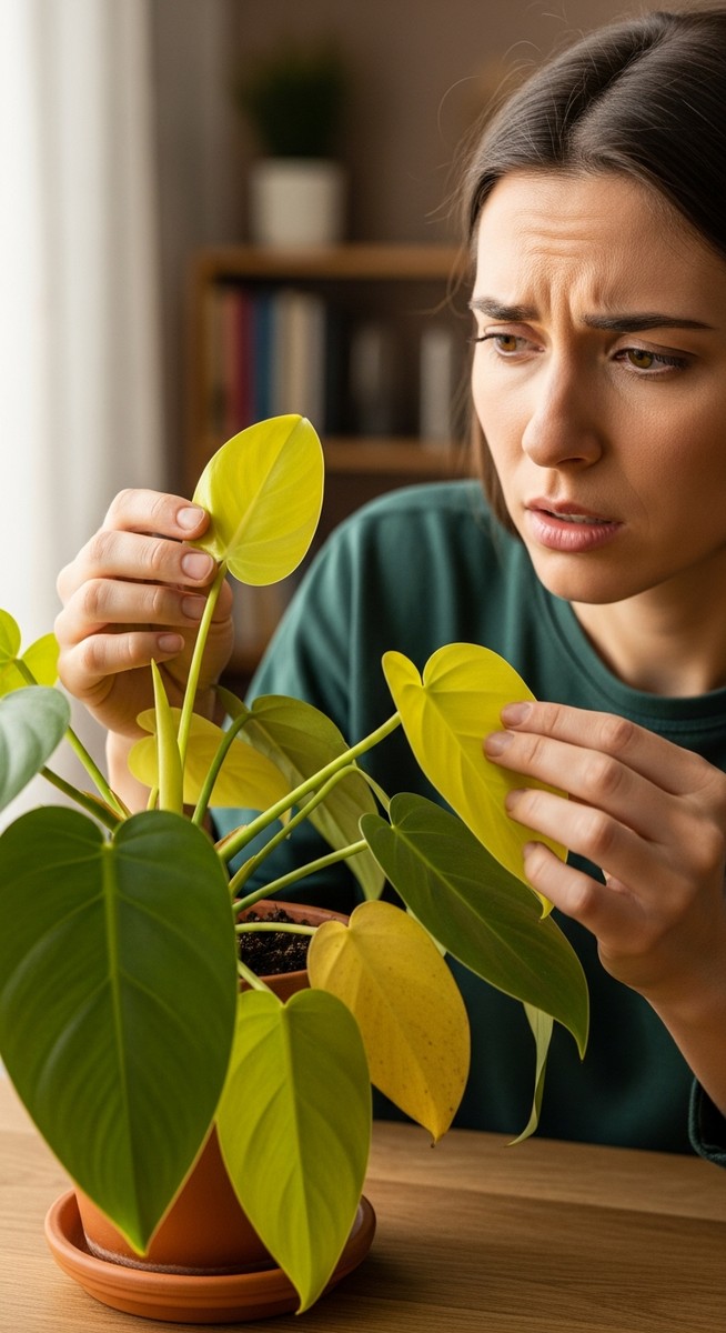 a person examining yellow leaves on a philodendron plant, for philodendron yellow leaves