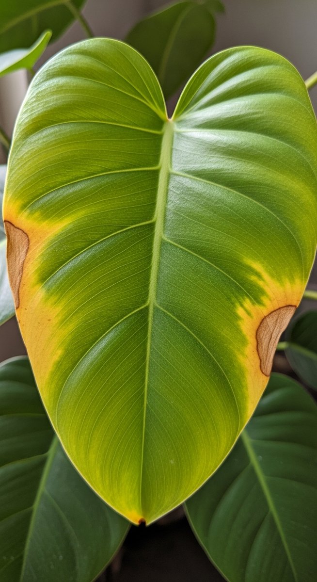 close-up of a philodendron leaf with yellowing edges and tips
