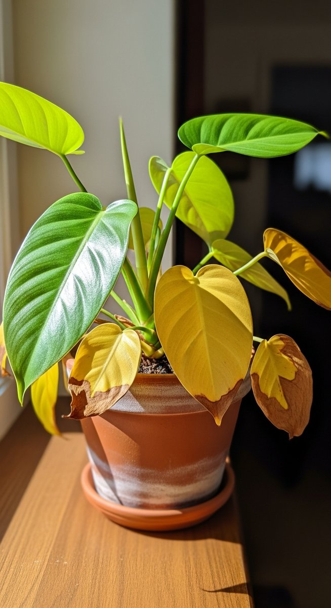 a philodendron plant showing a mix of green and yellowing leaves, for philodendron yellow leaves