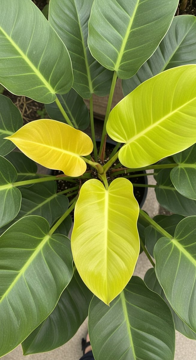 overhead view of a philodendron plant with yellow leaves among the green
