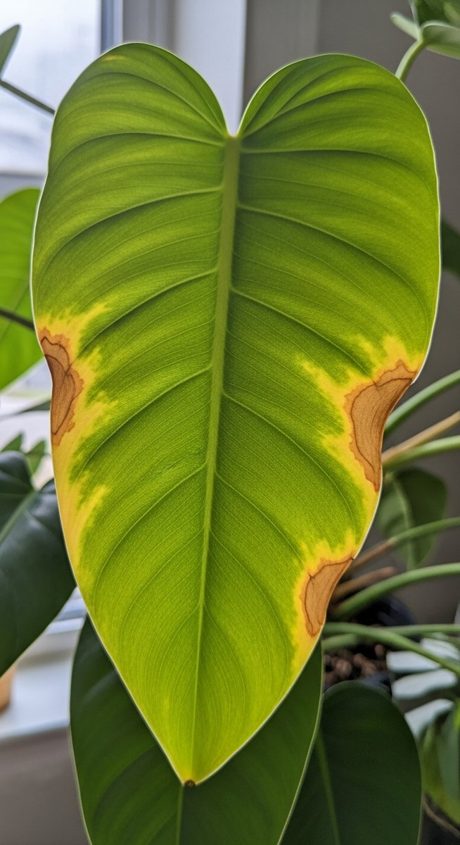 close-up of a philodendron leaf with yellowing edges and tips