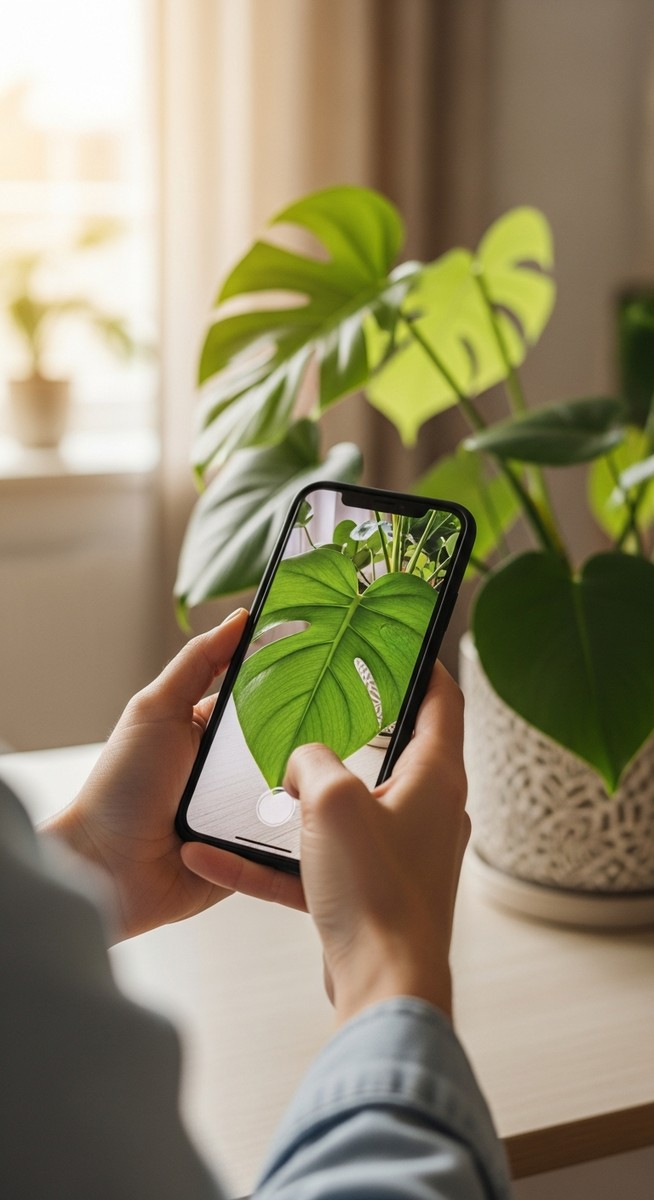 A person holding a smartphone close to the leaves of a houseplant as if scanning, for plant identifier apps