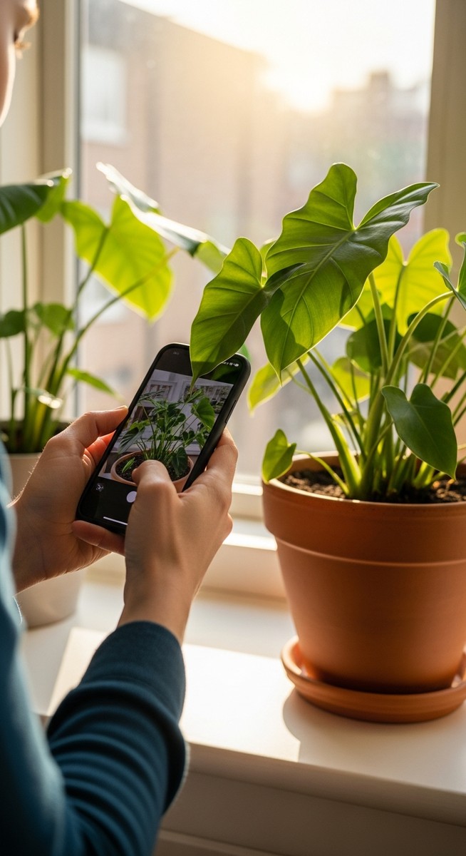 A person holding a smartphone close to the leaves of a houseplant as if scanning