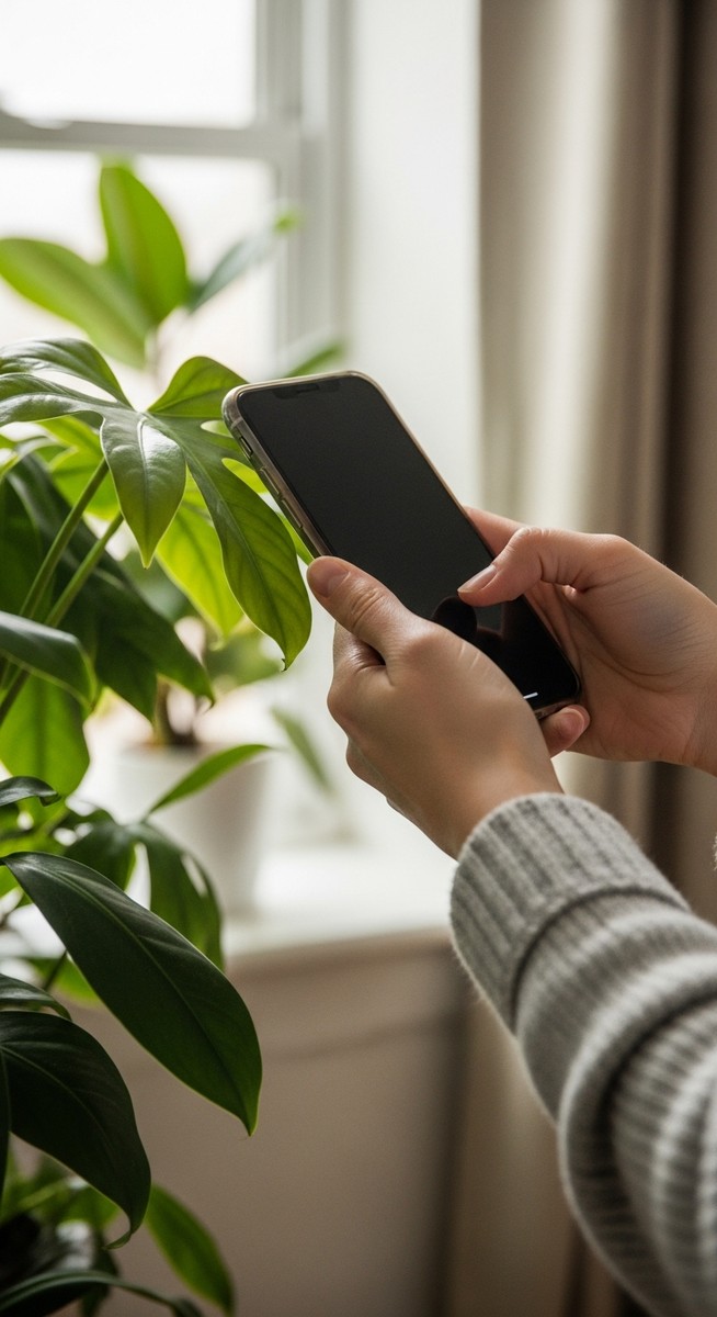A person holding a smartphone close to the leaves of a houseplant as if scanning, for plant identifier apps