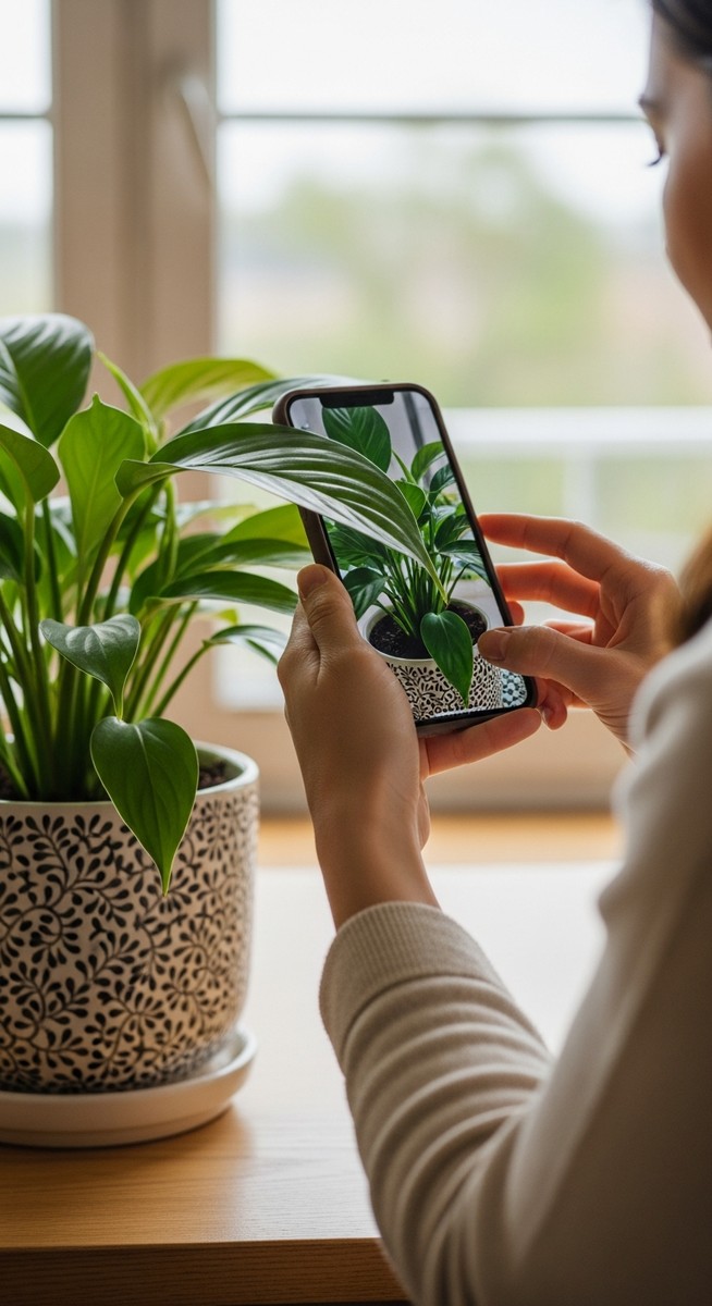 A person holding a smartphone close to the leaves of a houseplant as if scanning