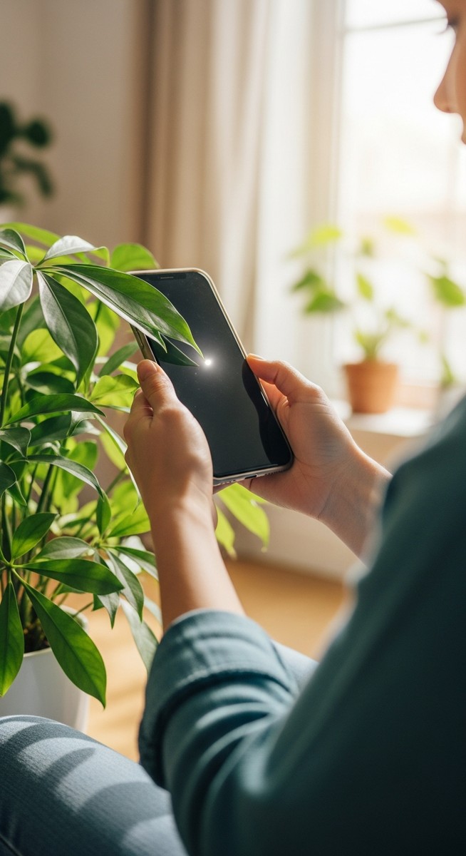A person holding a smartphone close to the leaves of a houseplant as if scanning, for plant identifier apps