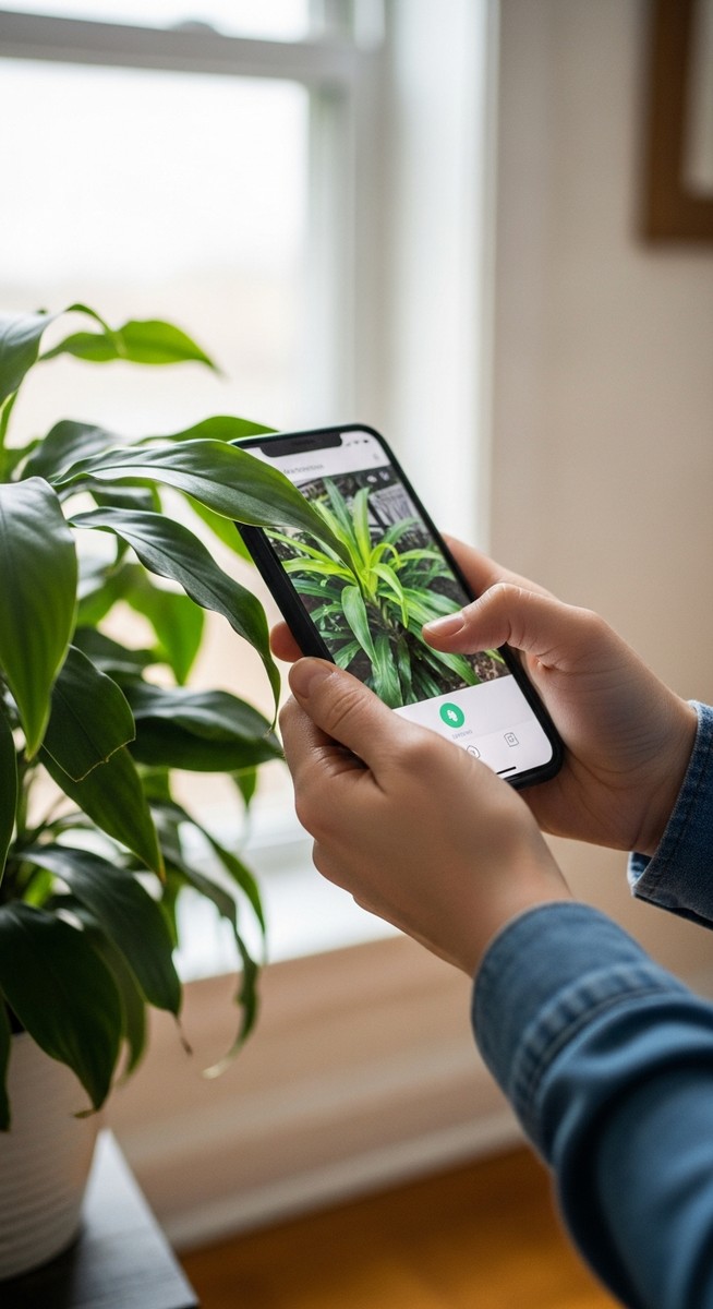 A person holding a smartphone close to the leaves of a houseplant as if scanning