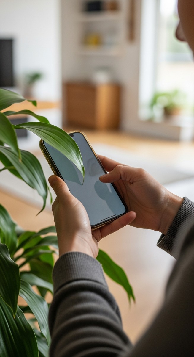 A person holding a smartphone close to the leaves of a houseplant as if scanning, for plant identifier apps