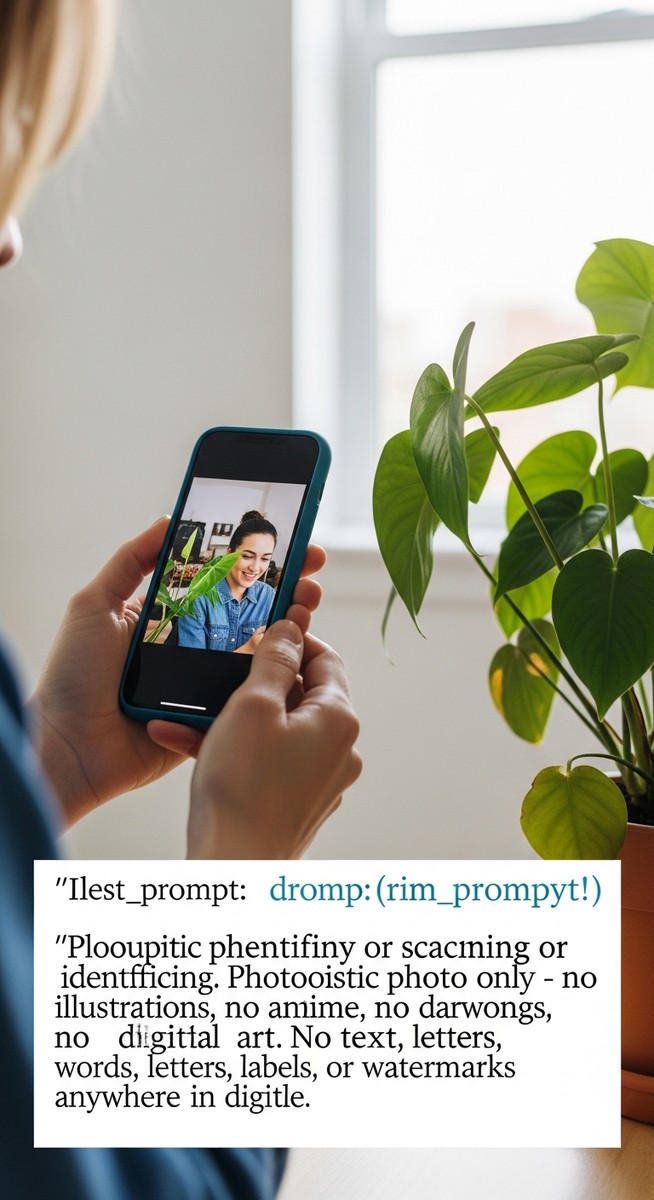 A person holding a smartphone close to the leaves of a houseplant as if scanning