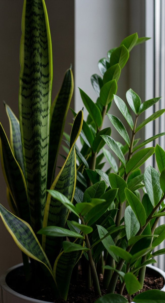 close-up of low-light tolerant houseplants such as snake plant and ZZ plant leaves looking lush in a dim room with very little natural light