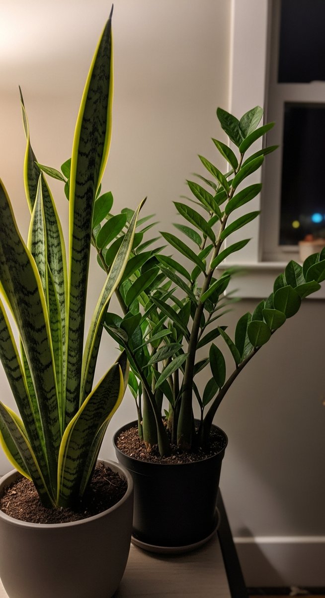 a low-light tolerant houseplants such as snake plant and ZZ plant thriving in a dim room with very little natural light, for plants survive without sunlight