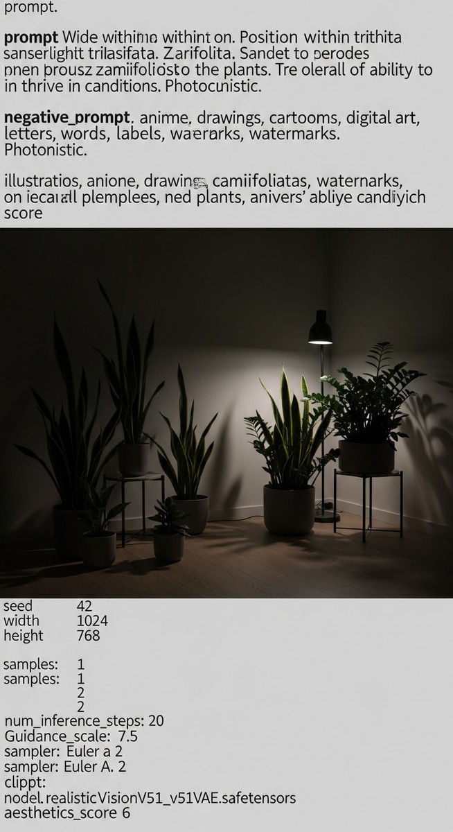 wide shot of a low-light tolerant houseplants such as snake plant and ZZ plant positioned in a dim room with very little natural light