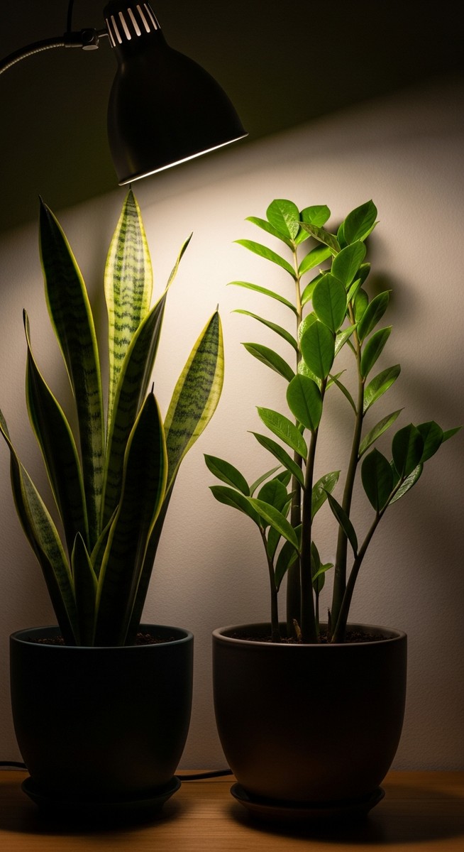 a low-light tolerant houseplants such as snake plant and ZZ plant growing toward the light source in a dim room with very little natural light, for plants survive without sunlight