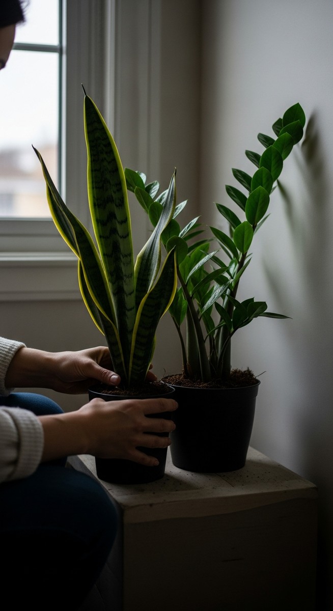 a person placing a low-light tolerant houseplants such as snake plant and ZZ plant in the ideal spot in a dim room with very little natural light, for plants survive without sunlight