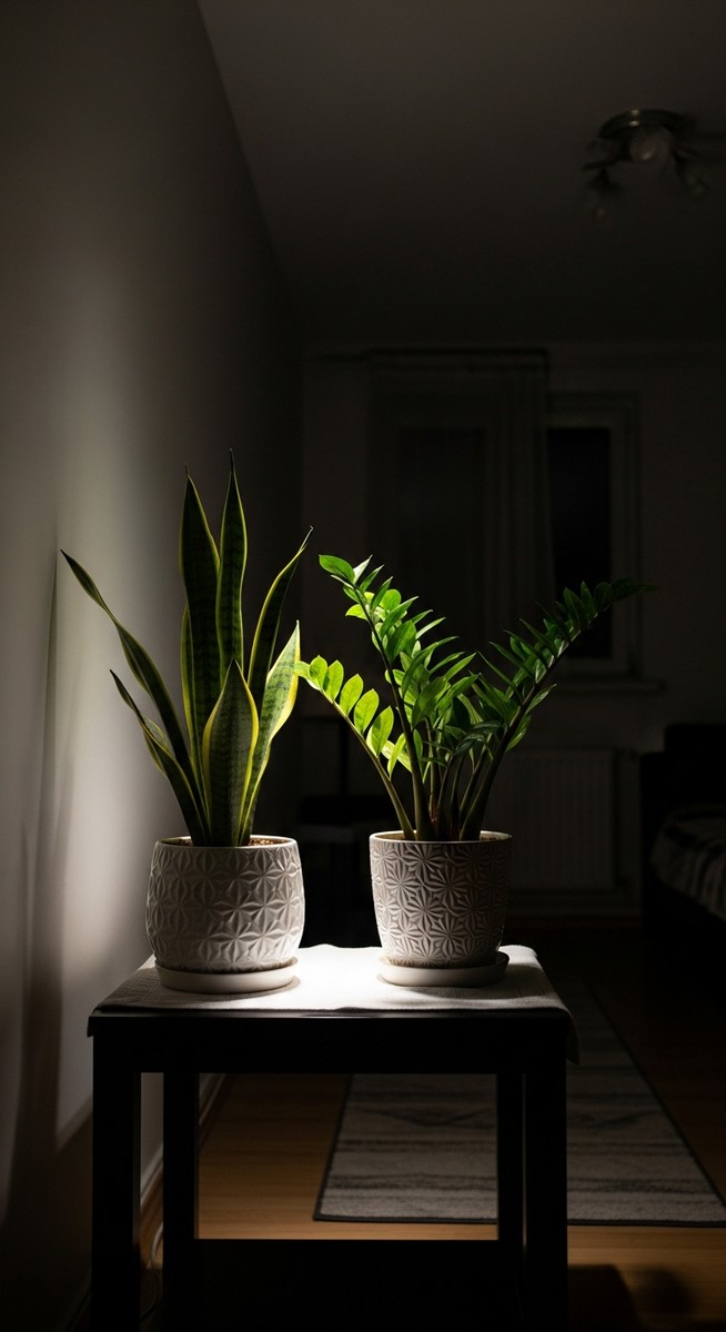a low-light tolerant houseplants such as snake plant and ZZ plant in the brightest spot of a dim room with very little natural light