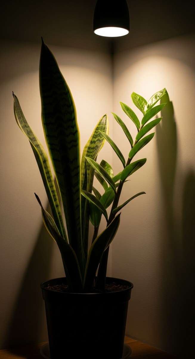 a low-light tolerant houseplants such as snake plant and ZZ plant with its leaves oriented toward the light in a dim room with very little natural light