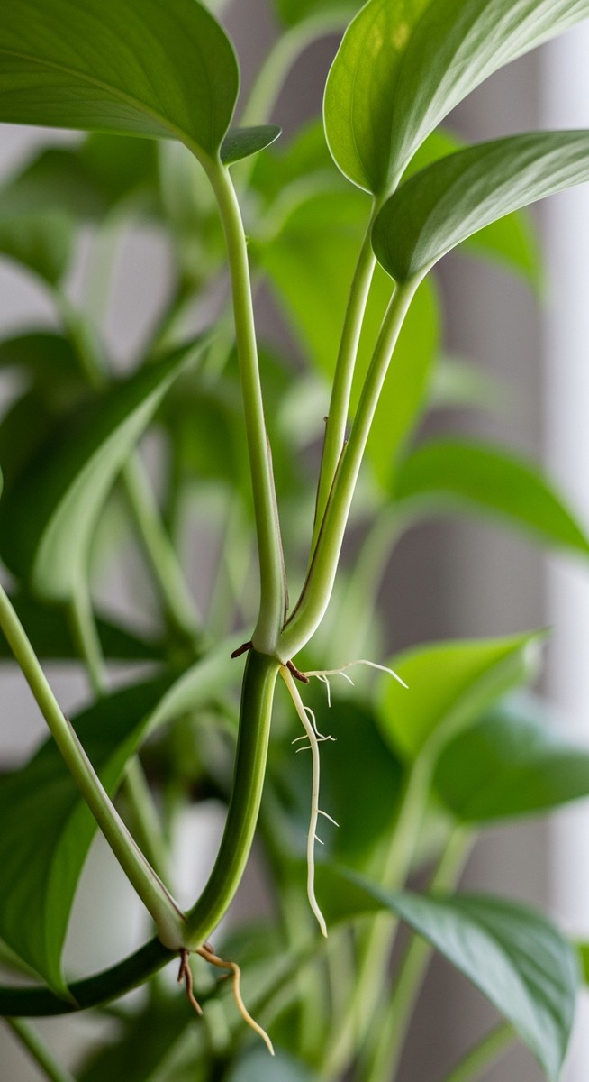 Close-up of small aerial roots growing out from the nodes along a pothos vine, for pothos aerial roots