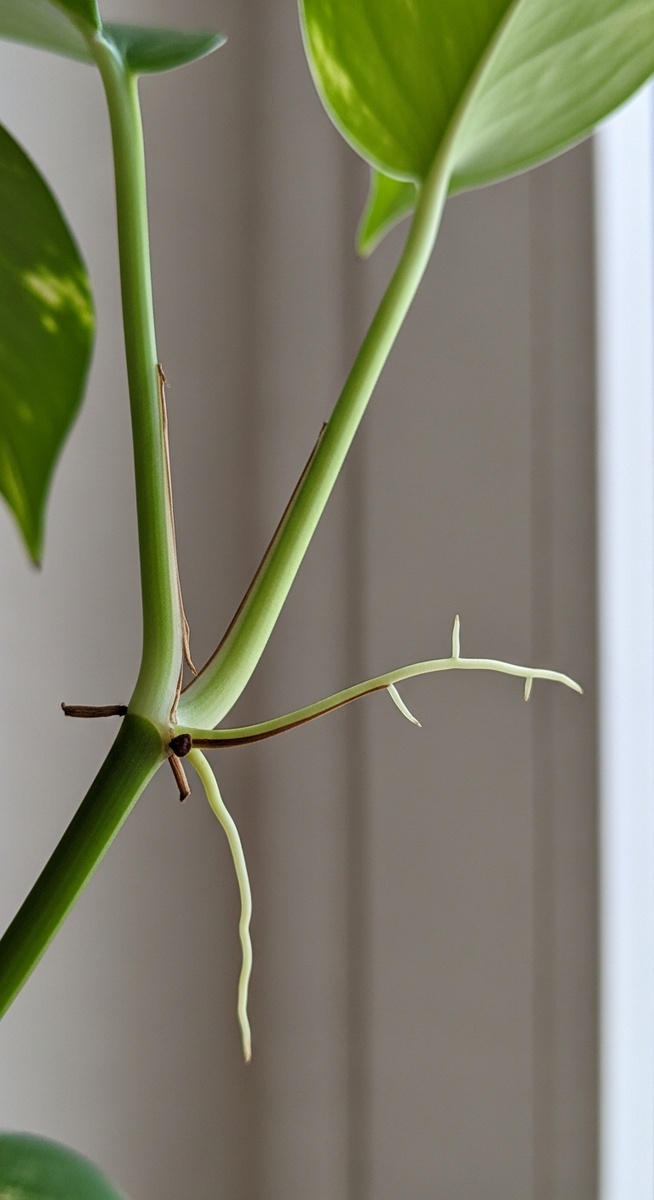 Close-up of small aerial roots growing out from the nodes along a pothos vine, for pothos aerial roots