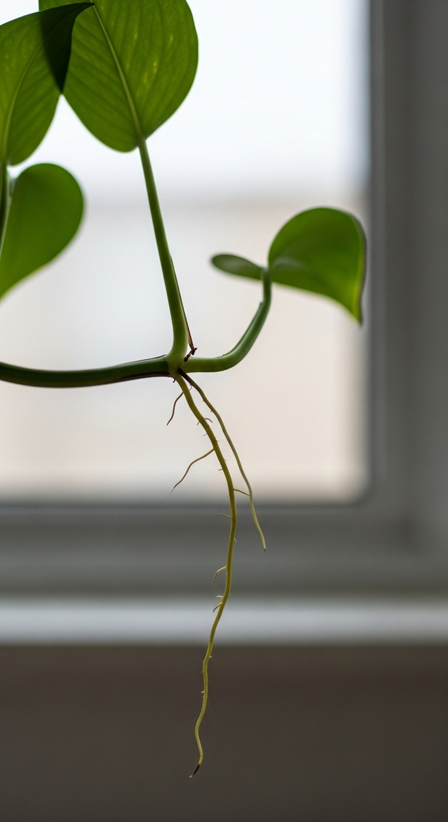 Close-up of small aerial roots growing out from the nodes along a pothos vine
