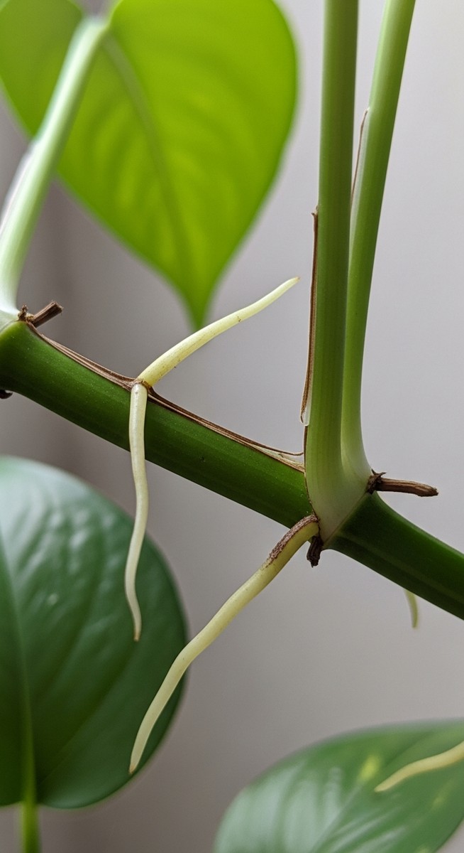 Close-up of small aerial roots growing out from the nodes along a pothos vine, for pothos aerial roots