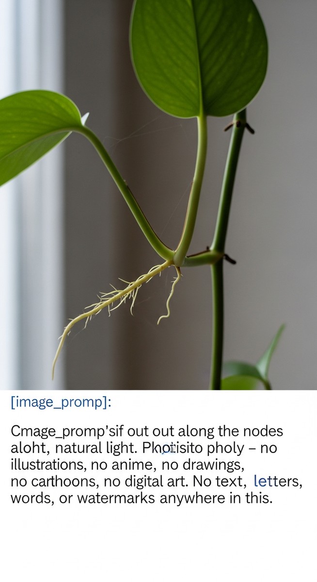 Close-up of small aerial roots growing out from the nodes along a pothos vine, for pothos aerial roots