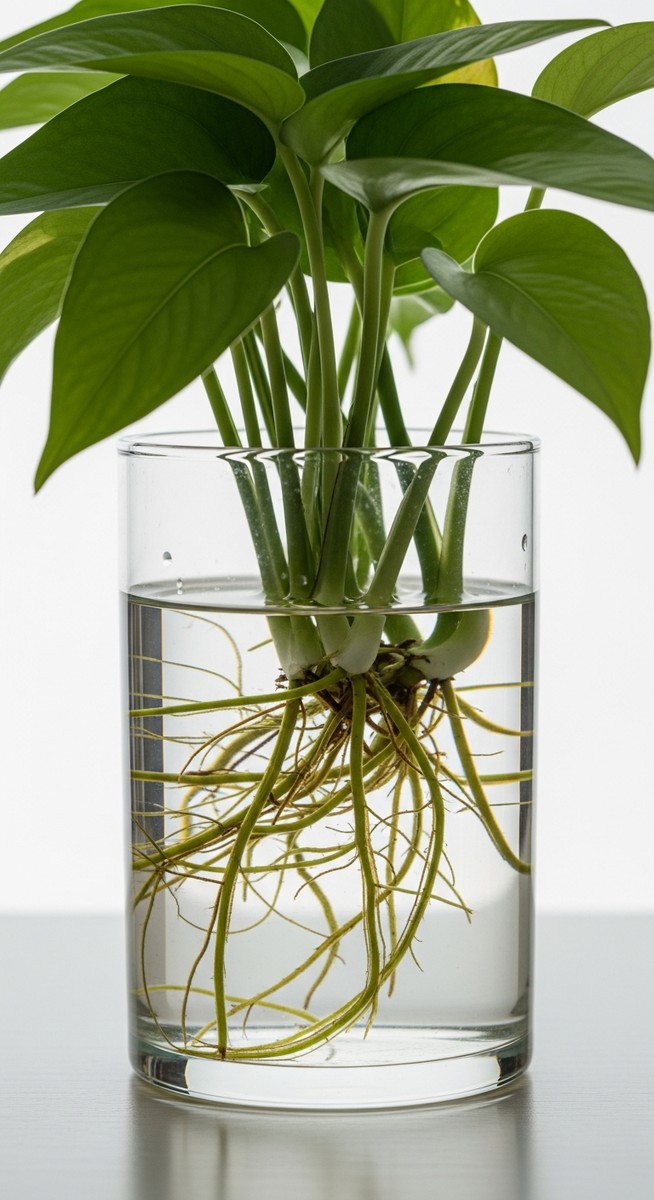 close-up of pothos roots growing in a clear glass container of water