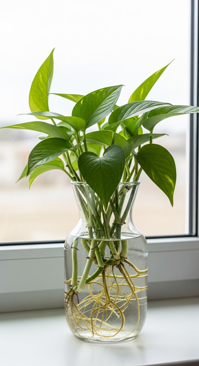 a pothos plant in a glass vase of water on a windowsill with visible roots, for pothos aquarium
