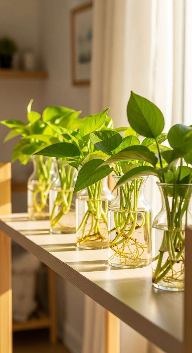 several pothos plants growing in water in clear glass vases