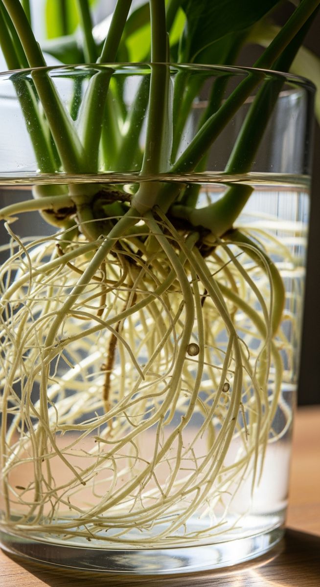 close-up of healthy white pothos roots growing in a glass of water, for pothos aquarium