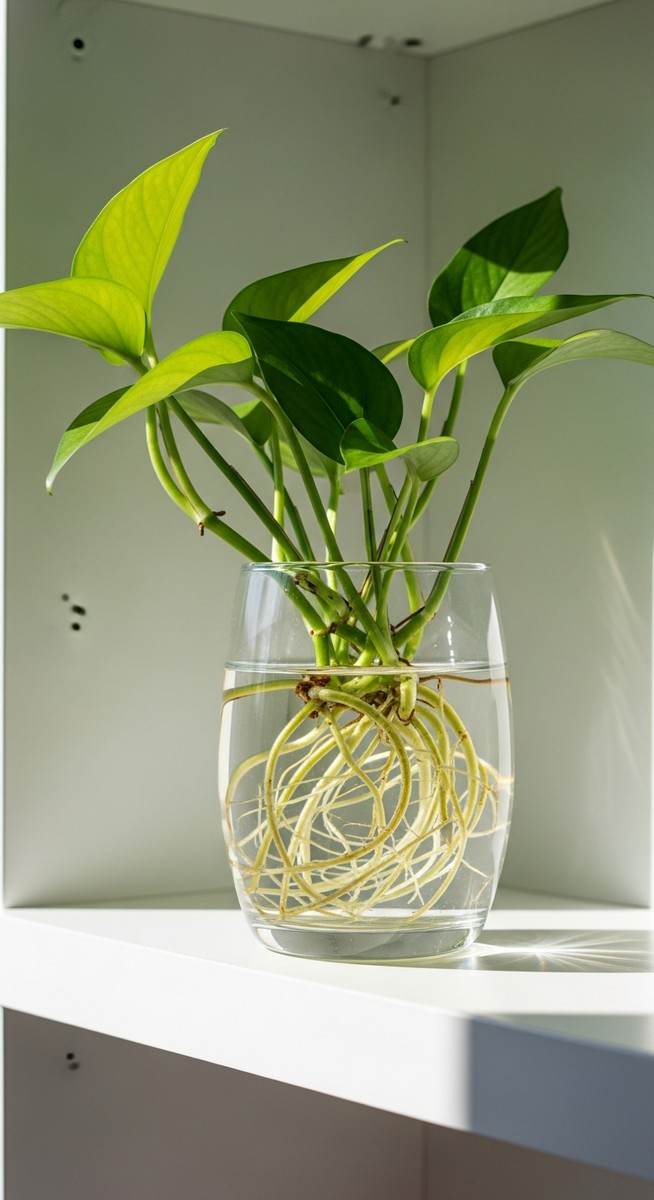 a pothos plant thriving in a glass of water on a shelf