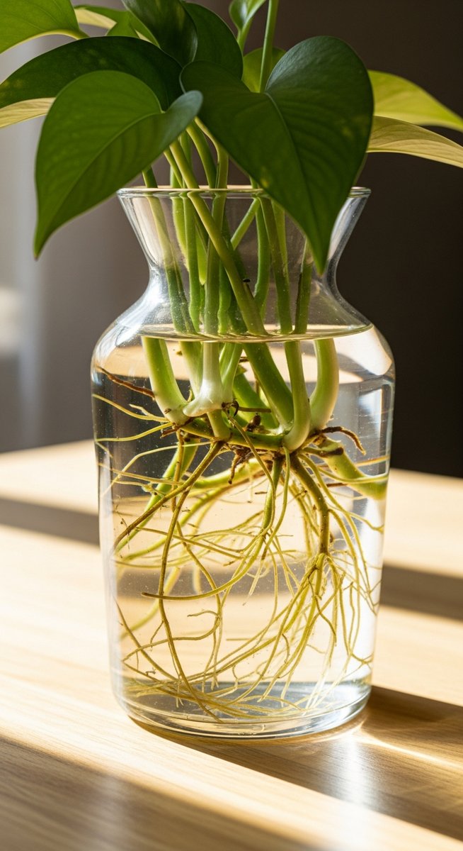 a clear glass vase containing a pothos plant with visible roots in water, for pothos aquarium