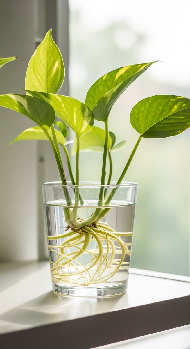 a pothos plant thriving in a glass of water on a shelf
