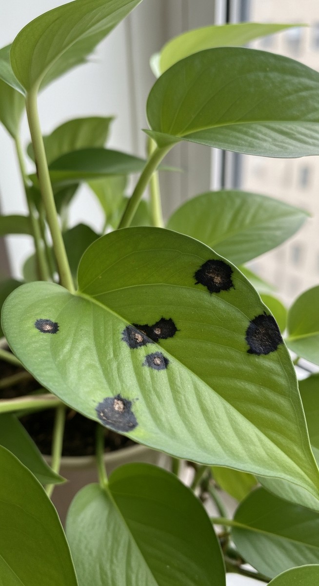 Close-up of pothos leaves showing small black spots or patches on the leaf surfa, for pothos black leaves