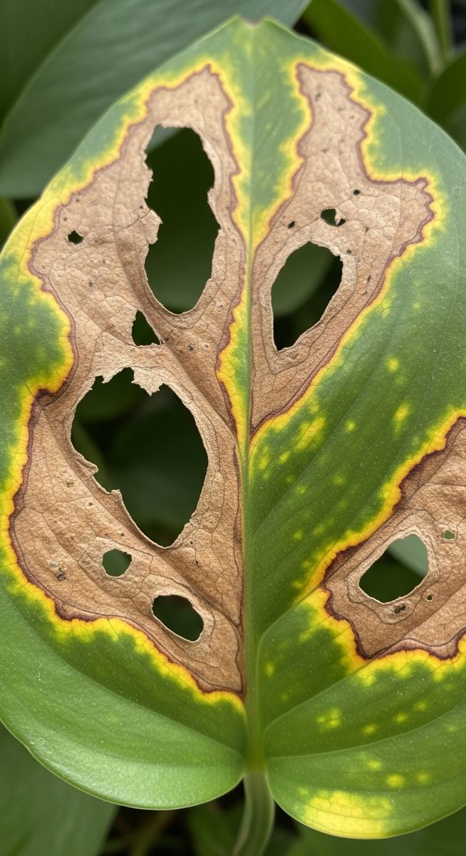 close-up of a single pothos leaf with brown spots and discolouration, for pothos brown stems