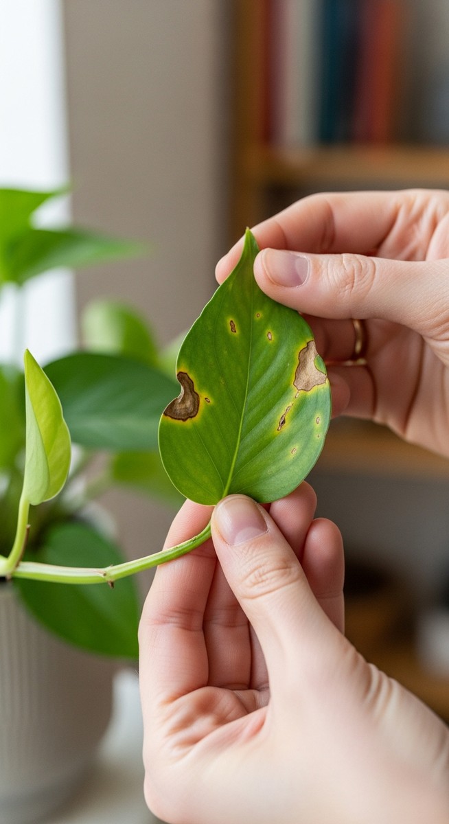 a person inspecting brown spots on a pothos leaf