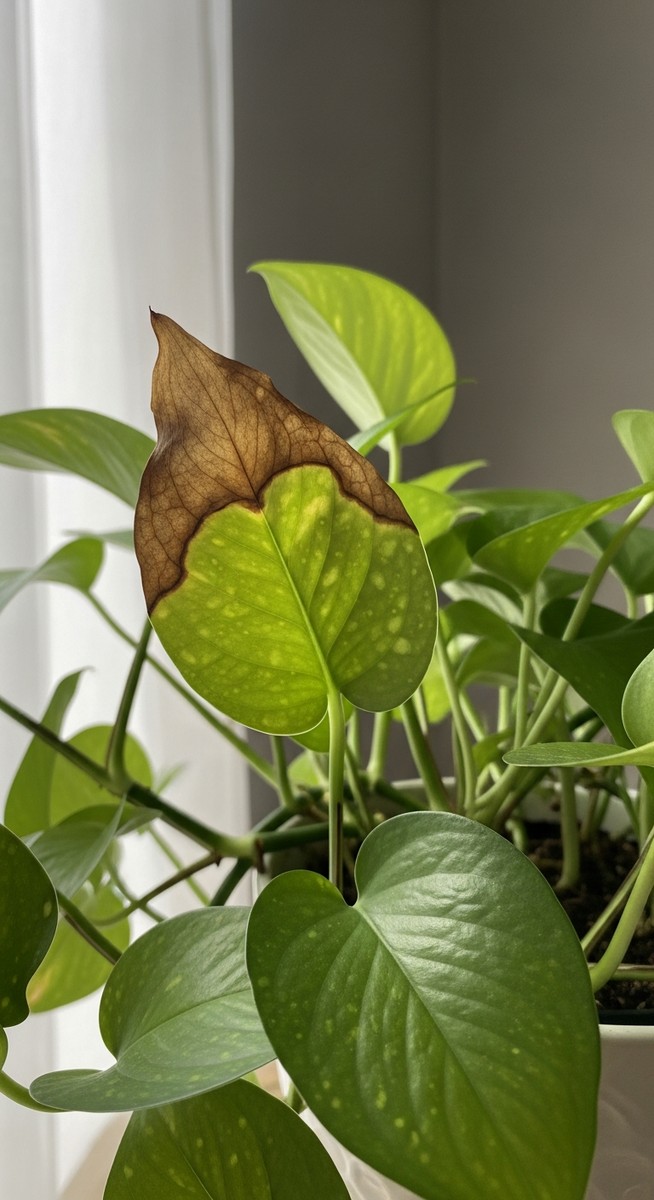 a pothos plant with brown spotted leaves in a home setting