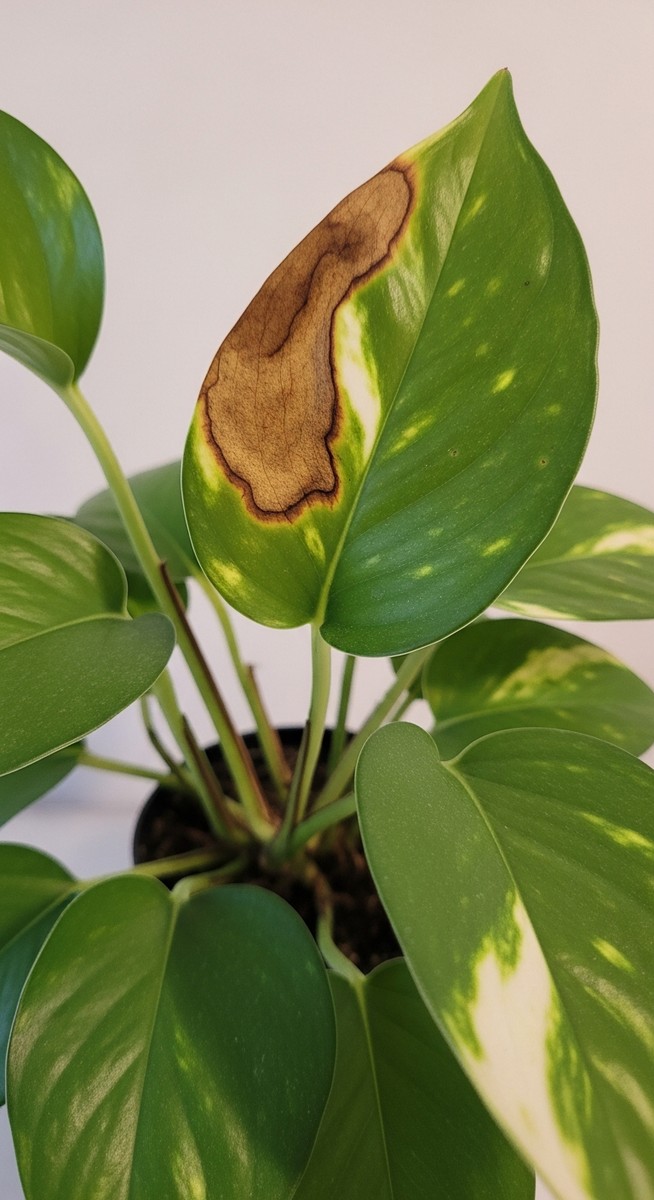 a pothos plant with brown spotted leaves in a home setting