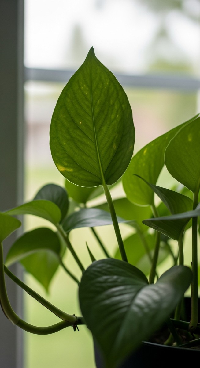 close-up of pothos plant leaves with natural summer light
