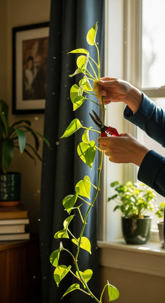 a person tending to a pothos plant in summer, for pothos care summer